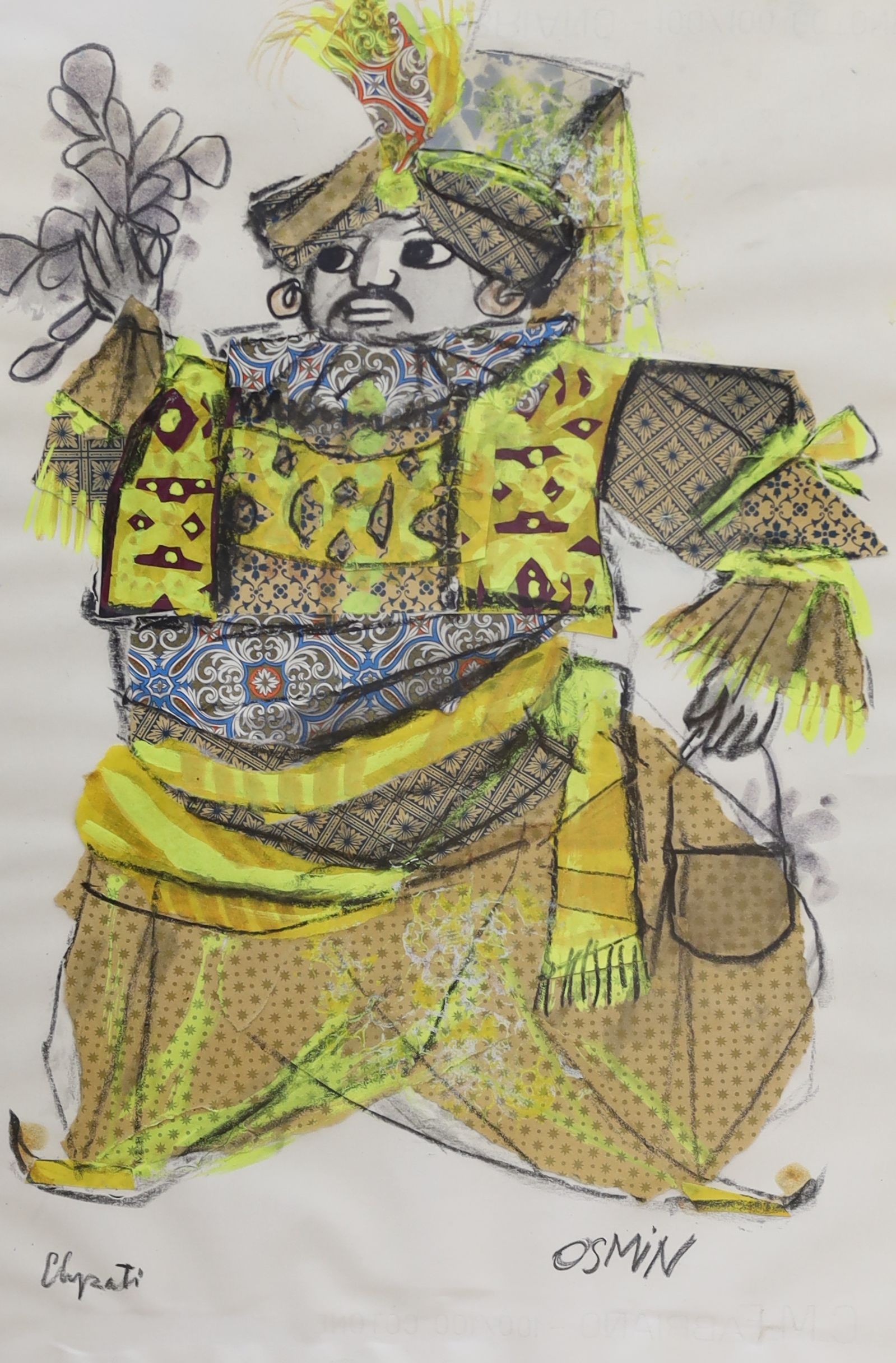 Emanuele Luzzati (1921-2007), mixed media and collage, Costume design for Osmin from Entfuhrung, signed, 48 x 33cm